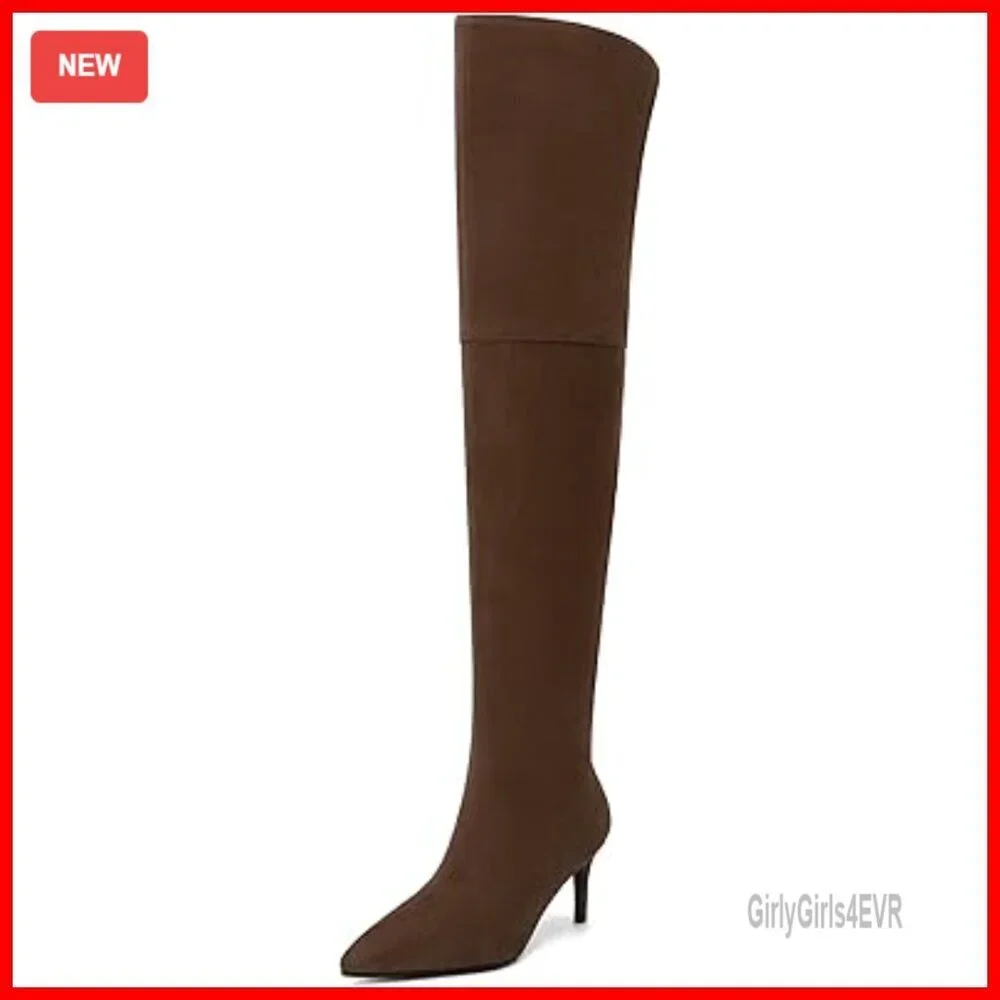 Thigh High Over Knee Boots Pointed Toe 2.4 Inch Heel Wide Calf Side Zipper